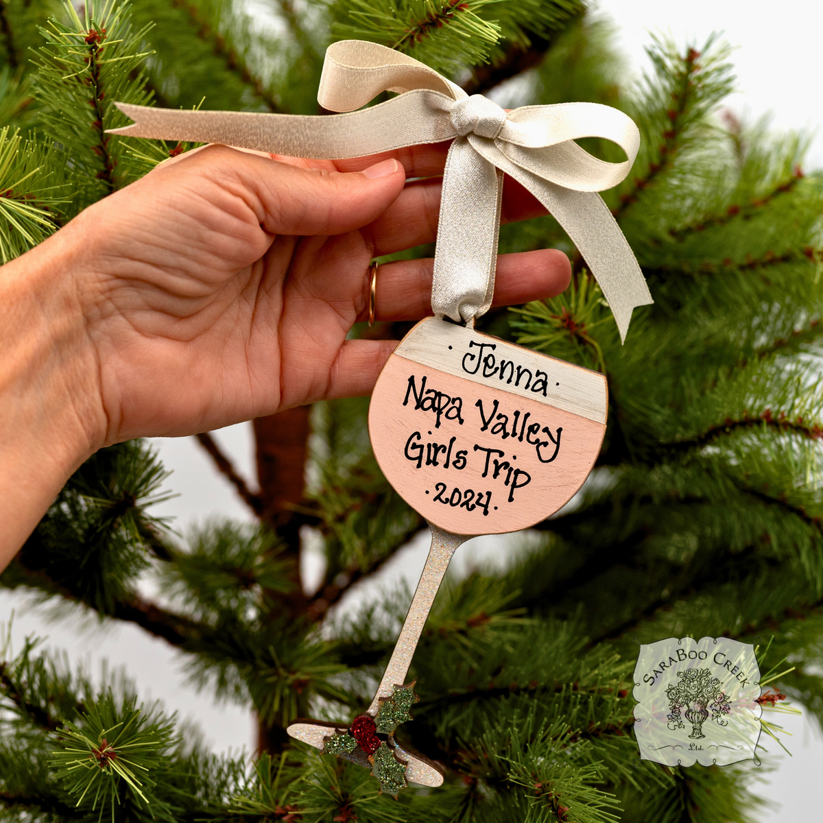 Wine Glass Ornament - Personalized Wine Gift in Red, Blush Rose or White