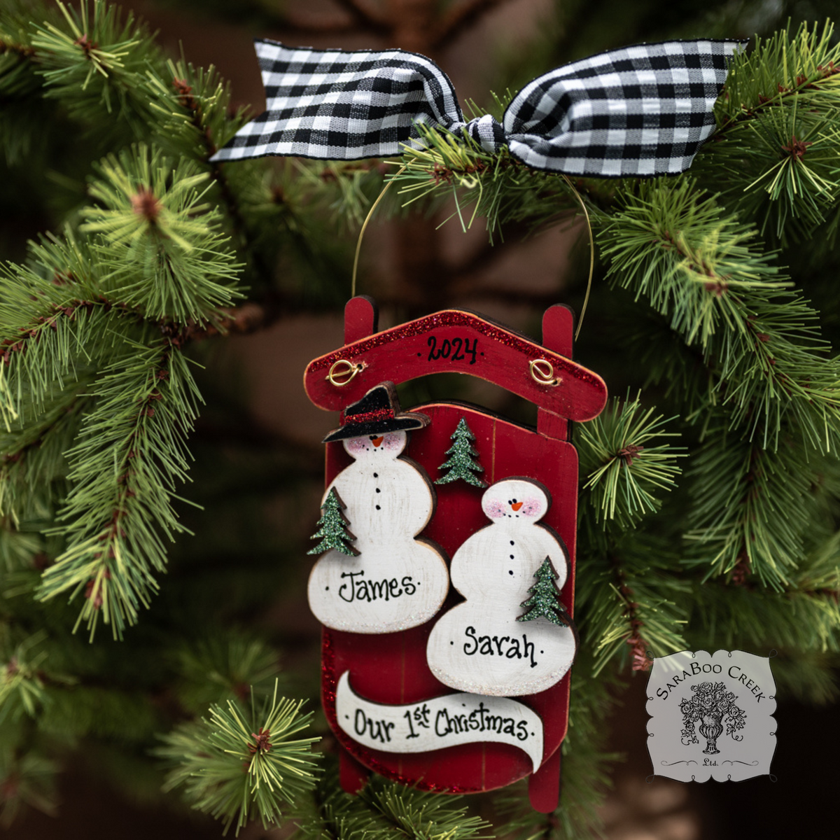 Sled Snowman Family Ornament w/ 2-6 Personalized Snowmen - Family, Grandparent or Couple Gift