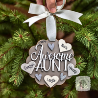 "Awesome Aunt" Ornament w/ 1-5 Personalized Hearts - Great Aunt Gift from Nieces and Nephews