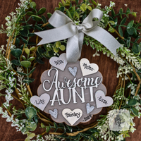 "Awesome Aunt" Ornament w/ 1-5 Personalized Hearts - Great Aunt Gift from Nieces and Nephews