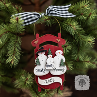 Sled Snowman Family Ornament w/ 2-6 Personalized Snowmen - Family, Grandparent or Couple Gift