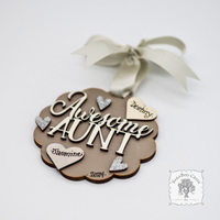 "Awesome Aunt" Ornament w/ 1-5 Personalized Hearts - Great Aunt Gift from Nieces and Nephews