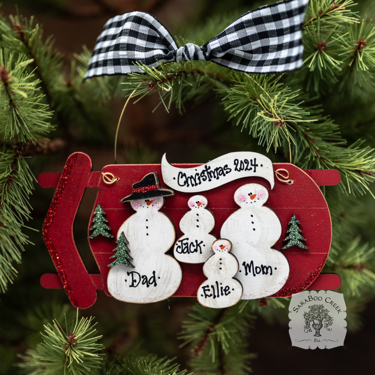 Sled Snowman Family Ornament w/ 2-6 Personalized Snowmen - Family, Grandparent or Couple Gift