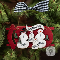 Sled Snowman Family Ornament w/ 2-6 Personalized Snowmen - Family, Grandparent or Couple Gift
