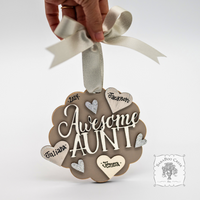 "Awesome Aunt" Ornament w/ 1-5 Personalized Hearts - Great Aunt Gift from Nieces and Nephews