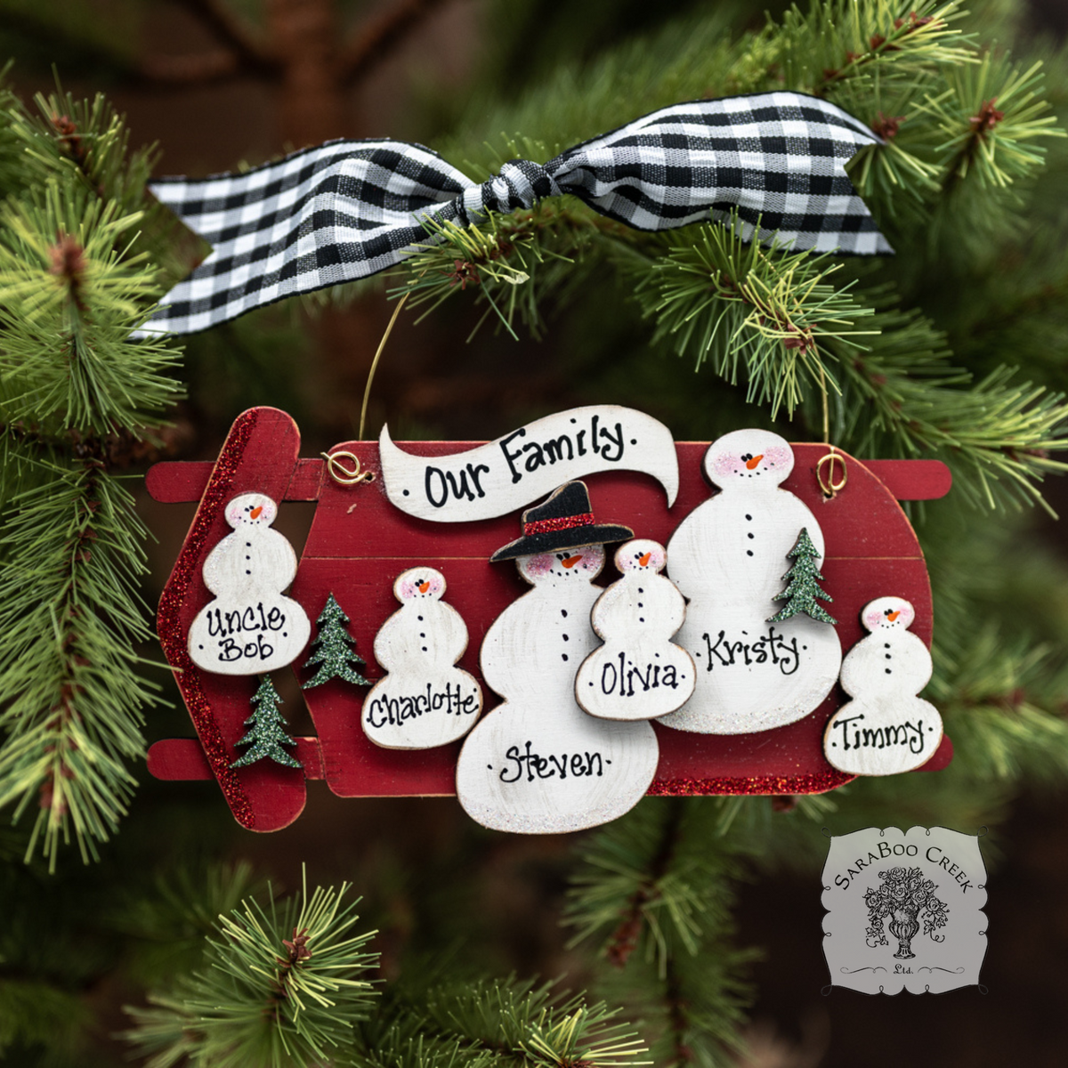 Sled Snowman Family Ornament w/ 2-6 Personalized Snowmen - Family, Grandparent or Couple Gift