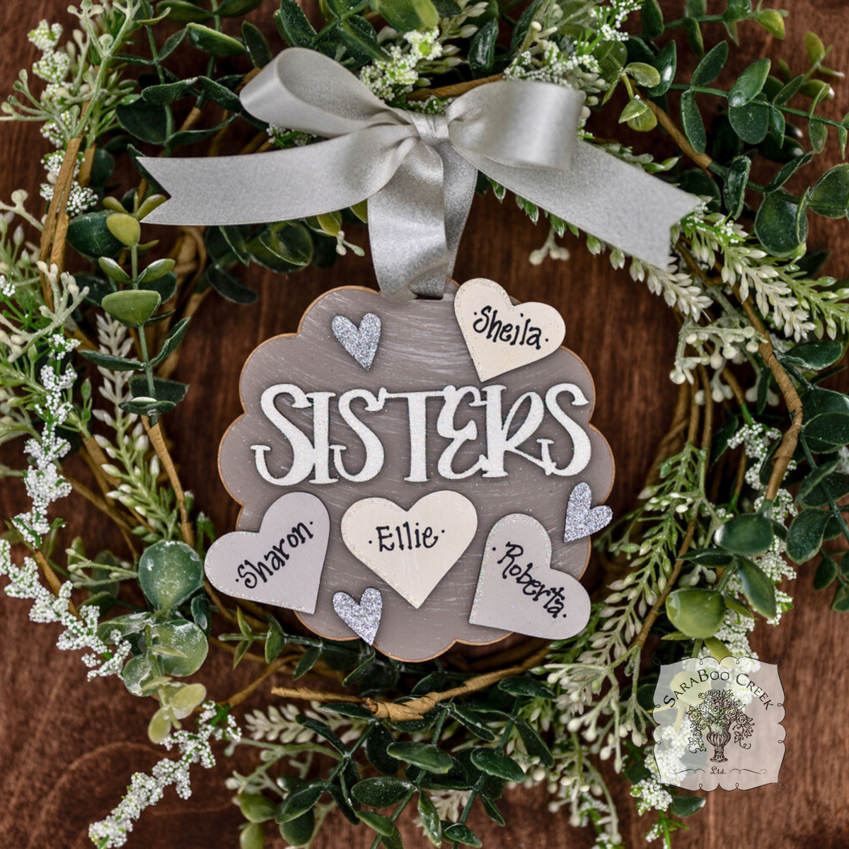 "Sisters" Ornament w/ 2-5 Personalized Hearts - Great Sister Gift