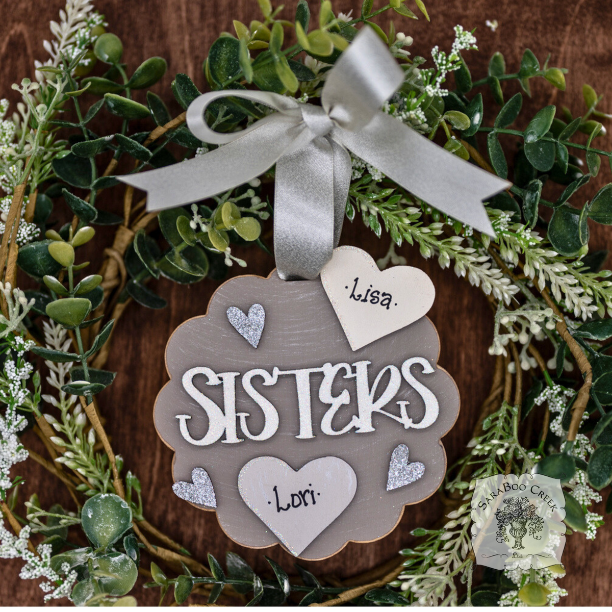 "Sisters" Ornament w/ 2-5 Personalized Hearts - Great Sister Gift