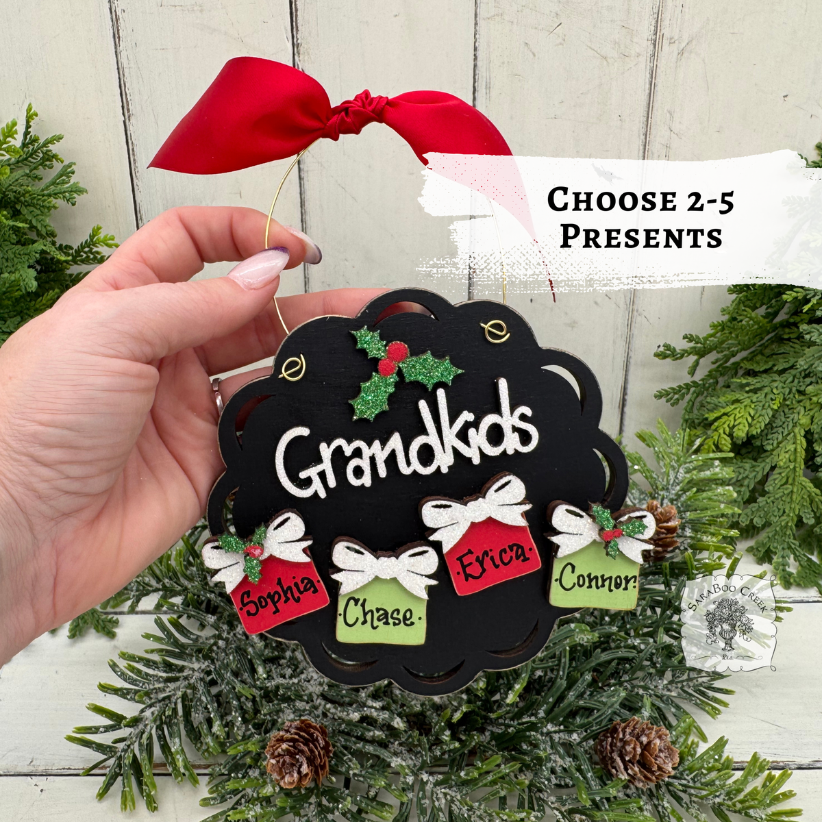 Grandkids Gifts Ornament with 2, 3, 4 or 5 Personalized Wood Present for Grandchildren