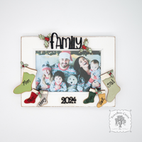 Christmas 2025 Family Photo Frame with Personalized Stockings for Parents and Kids Names - Holiday Tabletop Frame Decor
