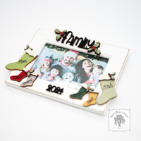 Christmas 2025 Family Photo Frame with Personalized Stockings for Parents and Kids Names - Holiday Tabletop Frame Decor
