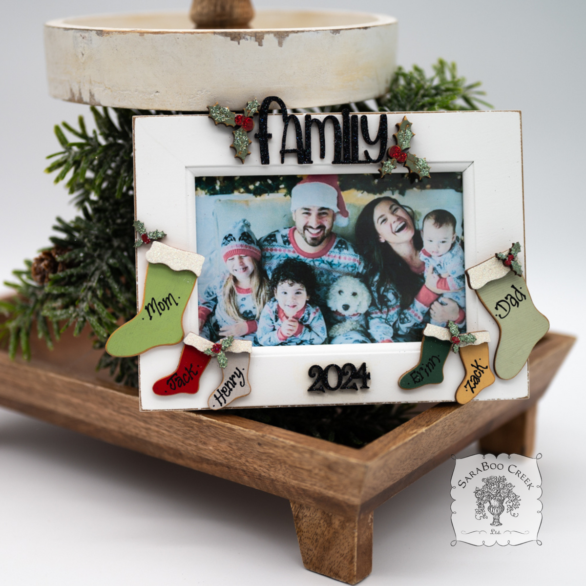 Christmas 2025 Family Photo Frame with Personalized Stockings for Parents and Kids Names - Holiday Tabletop Frame Decor