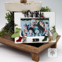 Christmas 2025 Family Photo Frame with Personalized Stockings for Parents and Kids Names - Holiday Tabletop Frame Decor
