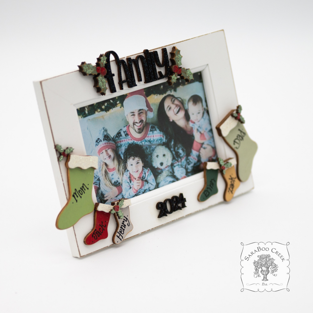 Christmas 2025 Family Photo Frame with Personalized Stockings for Parents and Kids Names - Holiday Tabletop Frame Decor