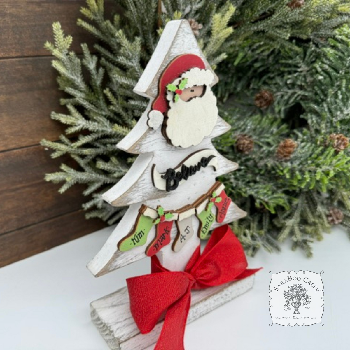 Rustic Standing Christmas Tree with Santa & Stockings - Personalized Family Gift or Holiday Mantel Decoration