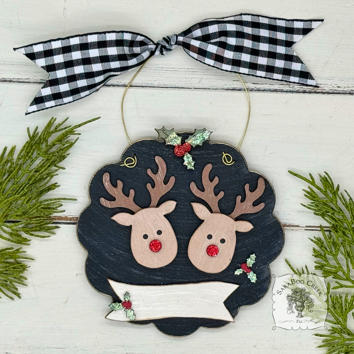 2 Reindeer Scallop Ornament with Banner