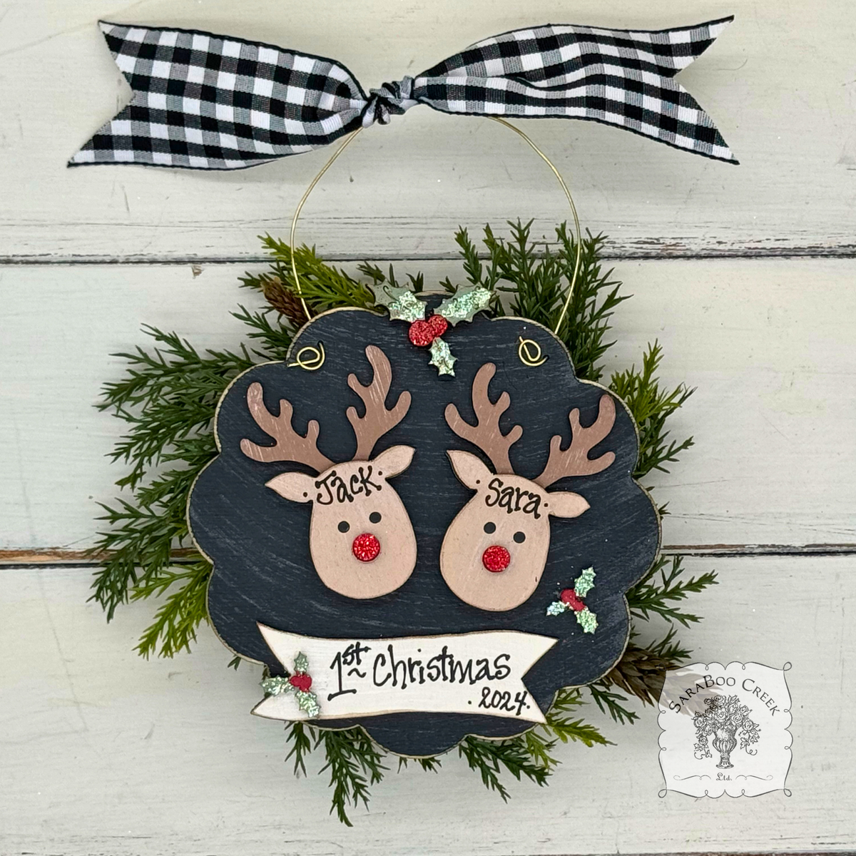 2 Reindeer Scallop Ornament with Banner