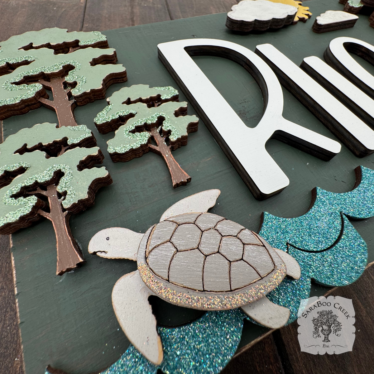 Kids Room Name Sign Featuring Koala & Sea Turtle - Handmade Wood Australian Wildlife Hanging Plaque