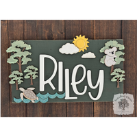 Kids Room Name Sign Featuring Koala & Sea Turtle - Handmade Wood Australian Wildlife Hanging Plaque