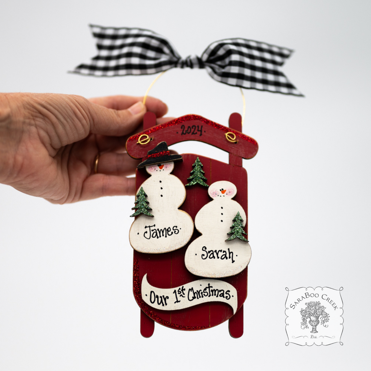 Sled Snowman Family Ornament w/ 2-6 Personalized Snowmen - Family, Grandparent or Couple Gift