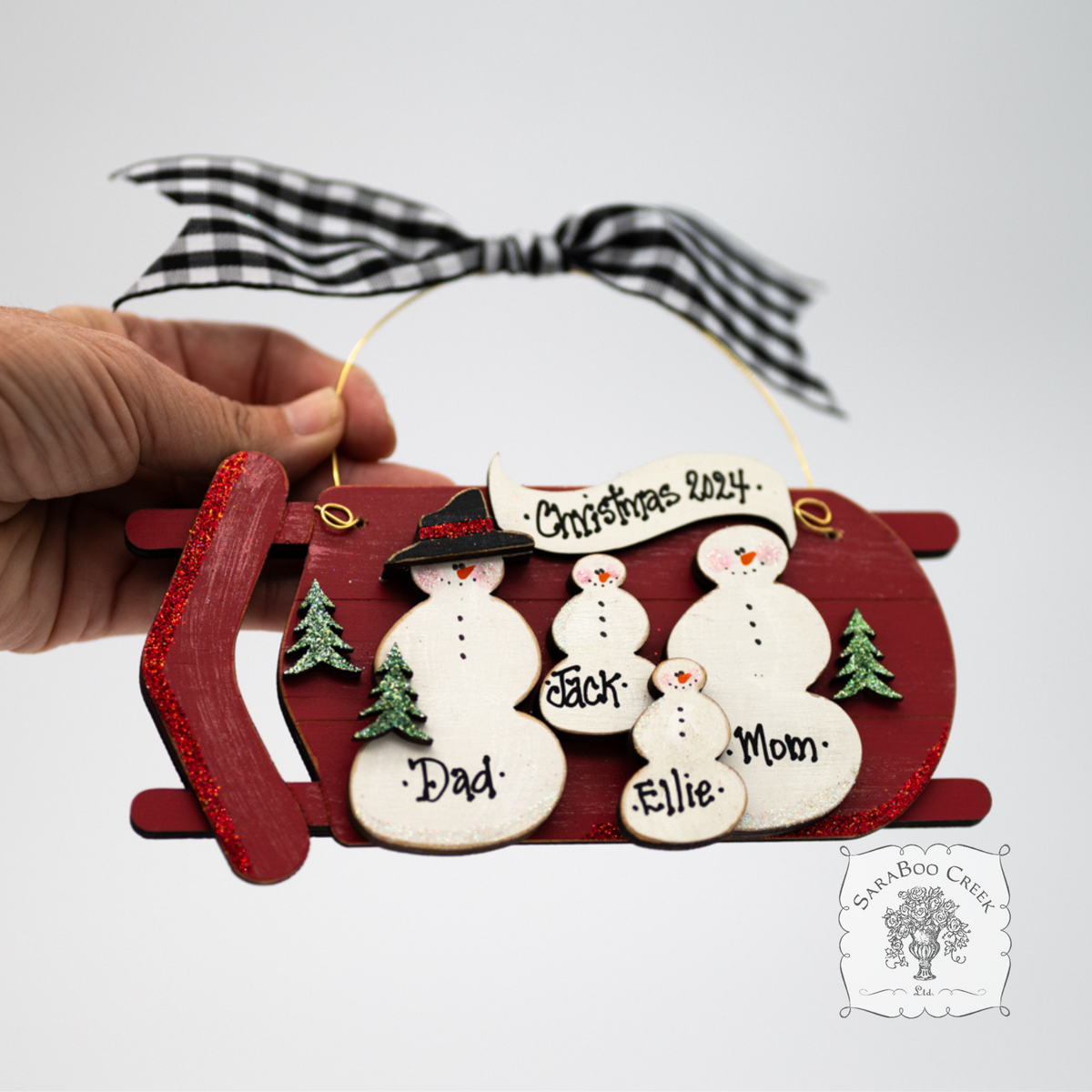 Sled Snowman Family Ornament w/ 2-6 Personalized Snowmen - Family, Grandparent or Couple Gift