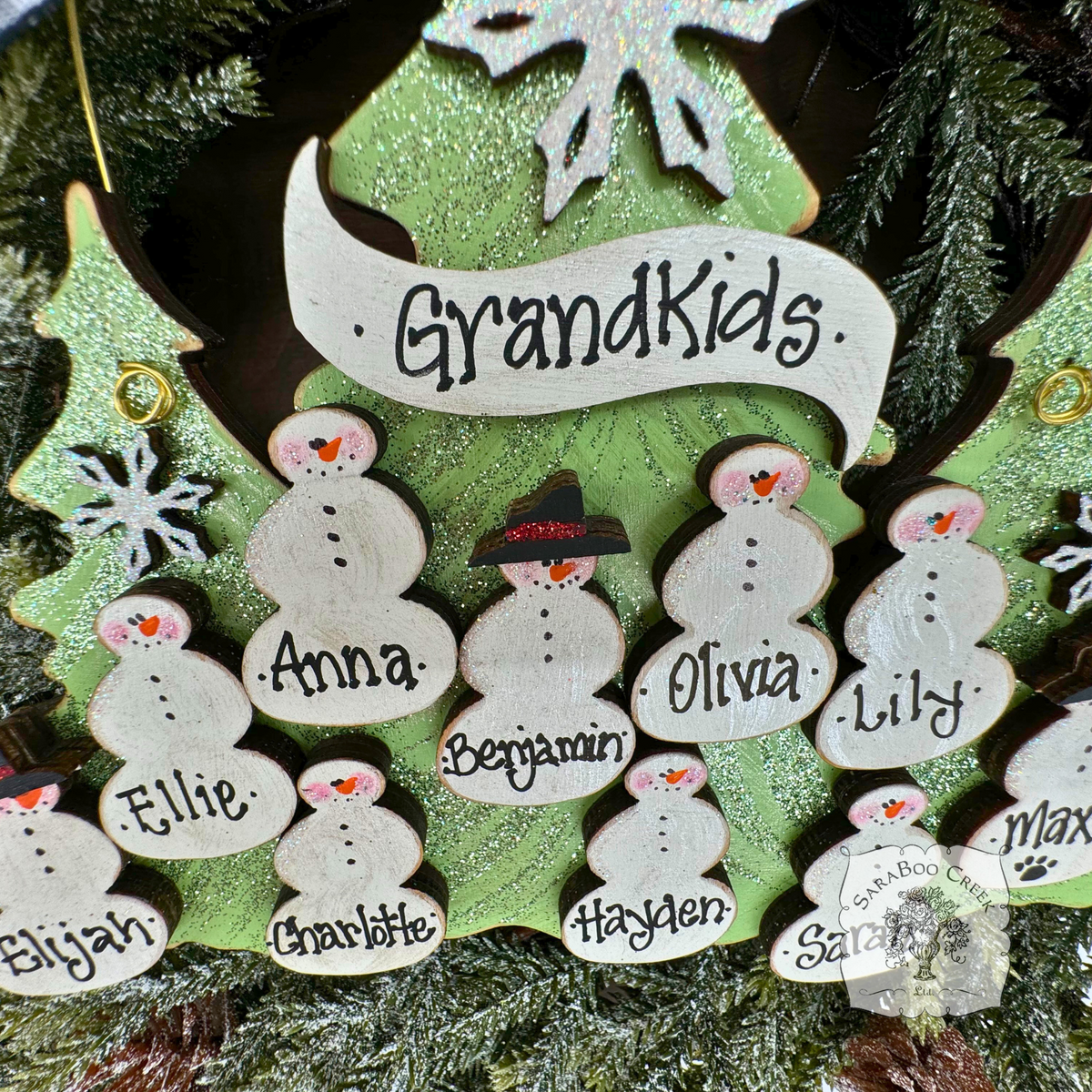 Traditional Snowman Family Tree Ornament (8-14 snowmen) - Personalized Grandparent or Large Family Gift