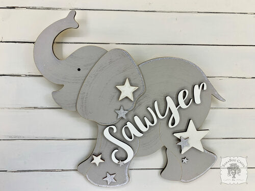 20" Large Elephant Sign with Stars or Flowers and Custom Name