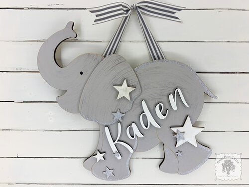 20" Large Elephant Sign with Stars or Flowers and Custom Name