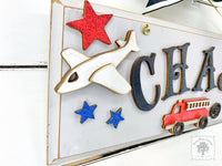 Boy's Room Transportation Theme Plaque - Personalized Sign with Firetruck, Airplane, and Police Car