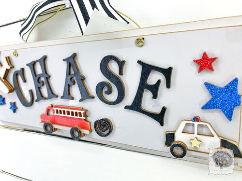 Boy's Room Transportation Theme Plaque - Personalized Sign with Firetruck, Airplane, and Police Car