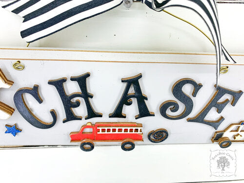 Boy's Room Transportation Theme Plaque - Personalized Sign with Firetruck, Airplane, and Police Car