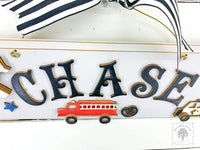 Boy's Room Transportation Theme Plaque - Personalized Sign with Firetruck, Airplane, and Police Car