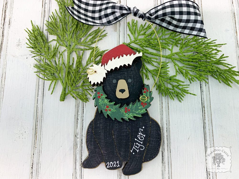 Black Bear Ornament - Personalized Christmas Bear Ornament with Wreath & Santa Cap