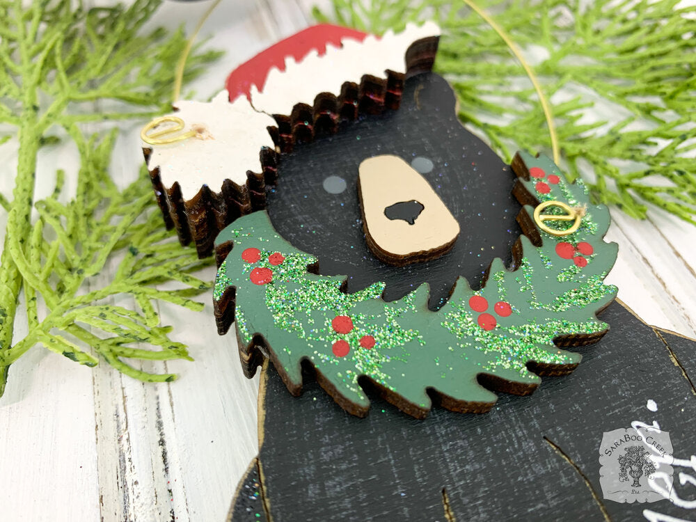 Black Bear Ornament - Personalized Christmas Bear Ornament with Wreath & Santa Cap