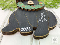 Black Bear Ornament - Personalized Christmas Bear Ornament with Wreath & Santa Cap