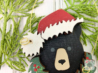Black Bear Ornament - Personalized Christmas Bear Ornament with Wreath & Santa Cap