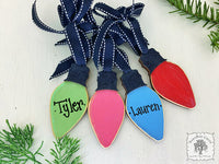 Christmas Light Bulb Ornament - Personalized Wooden Lightbulb Decoration in Red, Pink, Blue or Green