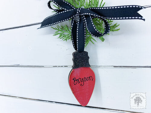 Christmas Light Bulb Ornament - Personalized Wooden Lightbulb Decoration in Red, Pink, Blue or Green
