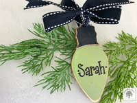 Christmas Light Bulb Ornament - Personalized Wooden Lightbulb Decoration in Red, Pink, Blue or Green