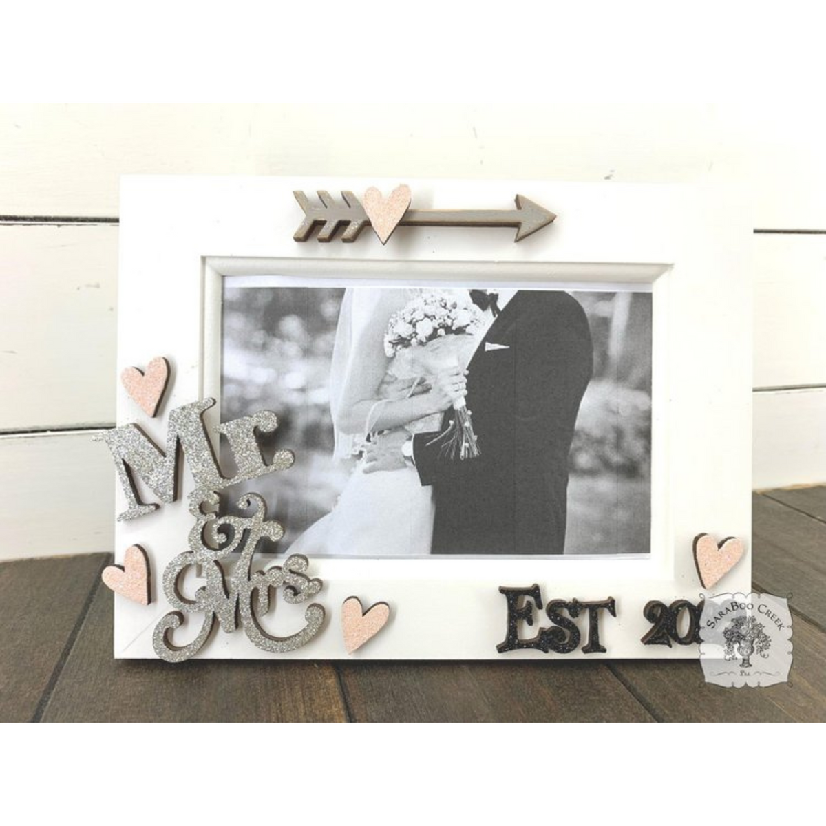Mr. & Mrs. Wedding Picture Frame w/ Year for 4" x 6" Photo