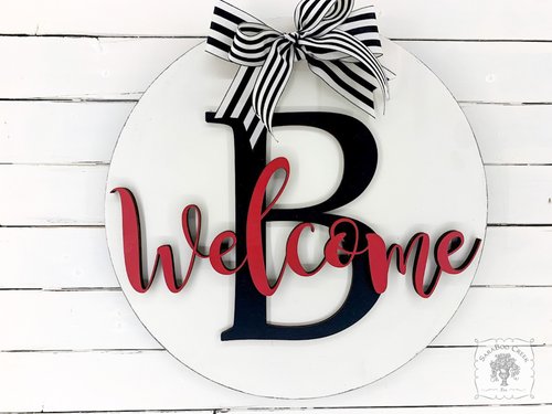 20" Round Sign Customized with Initial and Overlapping "Welcome"