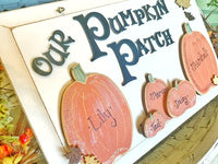 Our Pumpkin Patch Fall Plaque with Personalized Pumpkins - Family Front Door Sign
