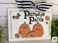 Our Pumpkin Patch Fall Plaque with Personalized Pumpkins - Family Front Door Sign