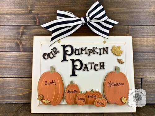 Our Pumpkin Patch Fall Plaque with Personalized Pumpkins - Family Front Door Sign