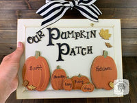 Our Pumpkin Patch Fall Plaque with Personalized Pumpkins - Family Front Door Sign