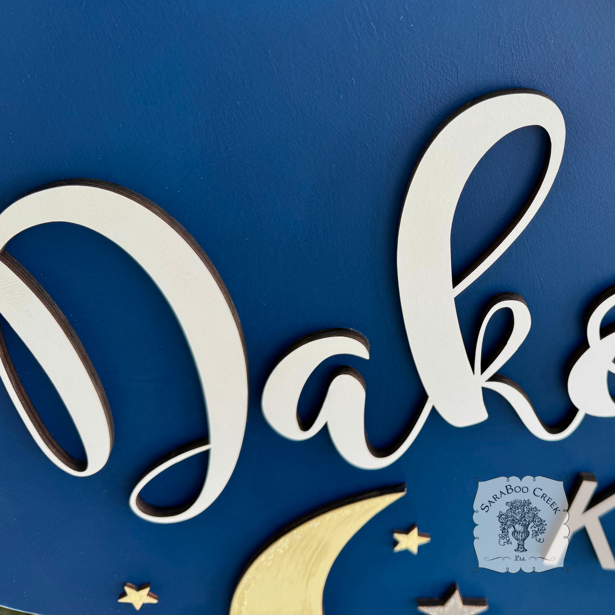 Celestial Round Room Sign w/ Two Names, Moon & Stars - Cute Boy, Girl or Baby Nursery Decor