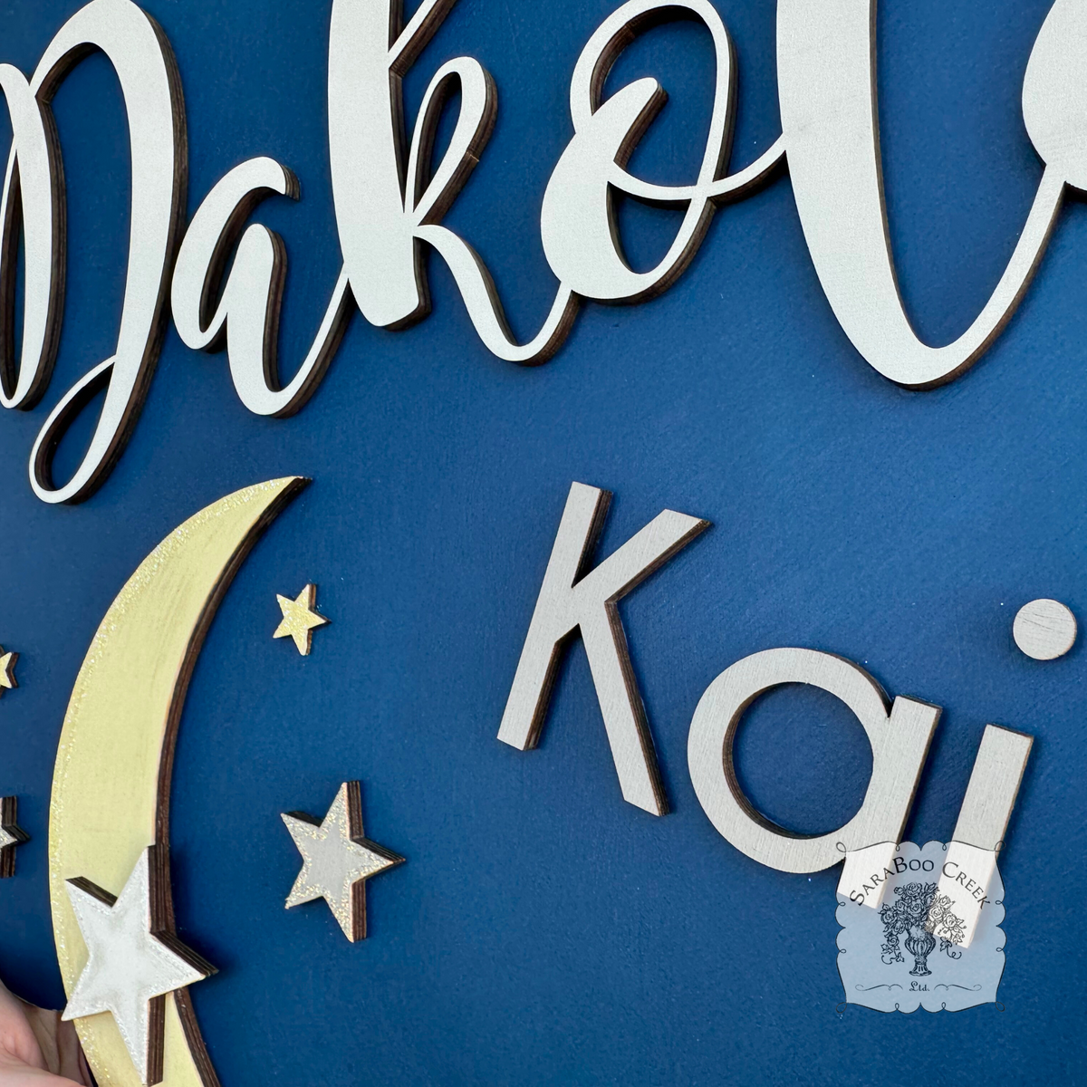 Celestial Round Room Sign w/ Two Names, Moon & Stars - Cute Boy, Girl or Baby Nursery Decor