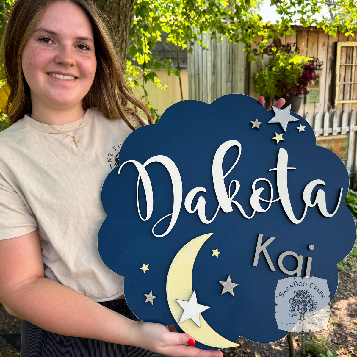 Celestial Round Room Sign w/ Two Names, Moon & Stars - Cute Boy, Girl or Baby Nursery Decor