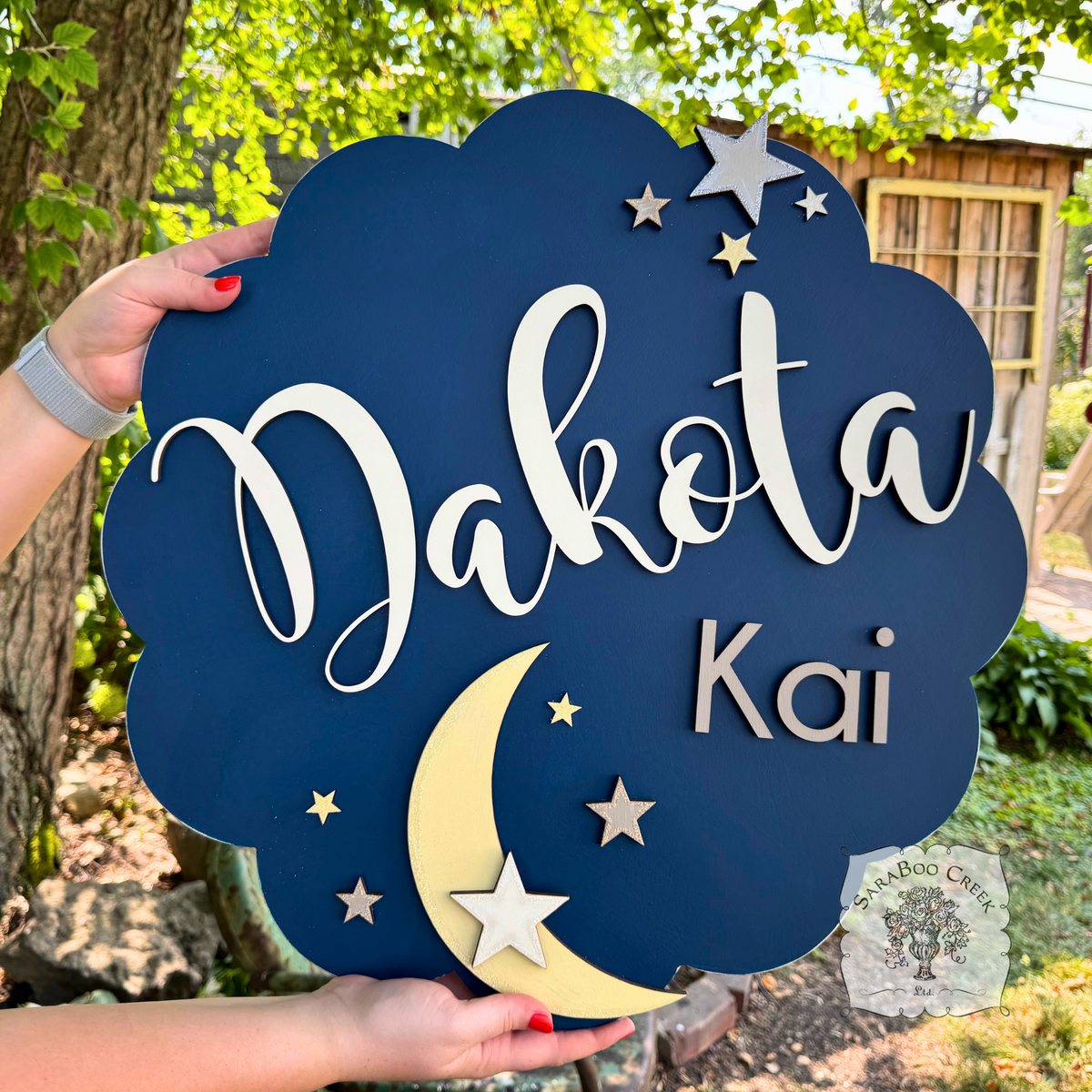 Celestial Round Room Sign w/ Two Names, Moon & Stars - Cute Boy, Girl or Baby Nursery Decor