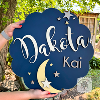 Celestial Round Room Sign w/ Two Names, Moon & Stars - Cute Boy, Girl or Baby Nursery Decor